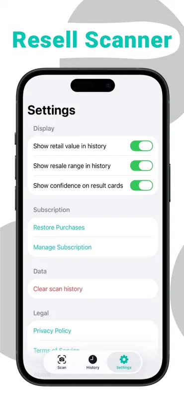 Resell Scanner settings screen with teal controls